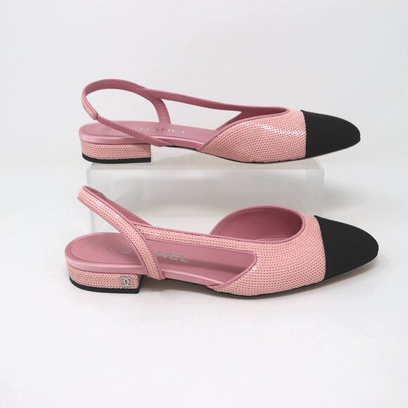 CHANEL 37.5 Pink Sequin Slingback 24P Interlocking CC Logo - Picture 4 of 14